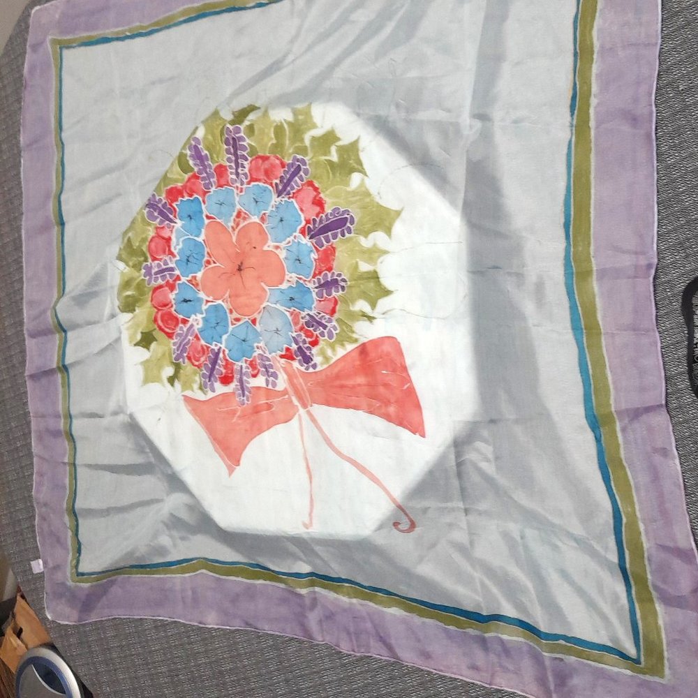 Hand Painted Silk 30" x 30" Scarf Flower Bouquet Design